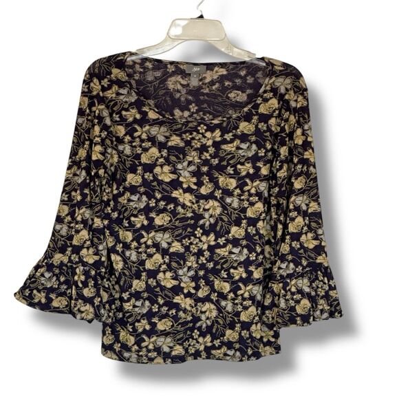 J Jill Navy Blue Yellow Floral 3/4 Ruffle Sleeve Lightweight Top Medium - Picture 1 of 8